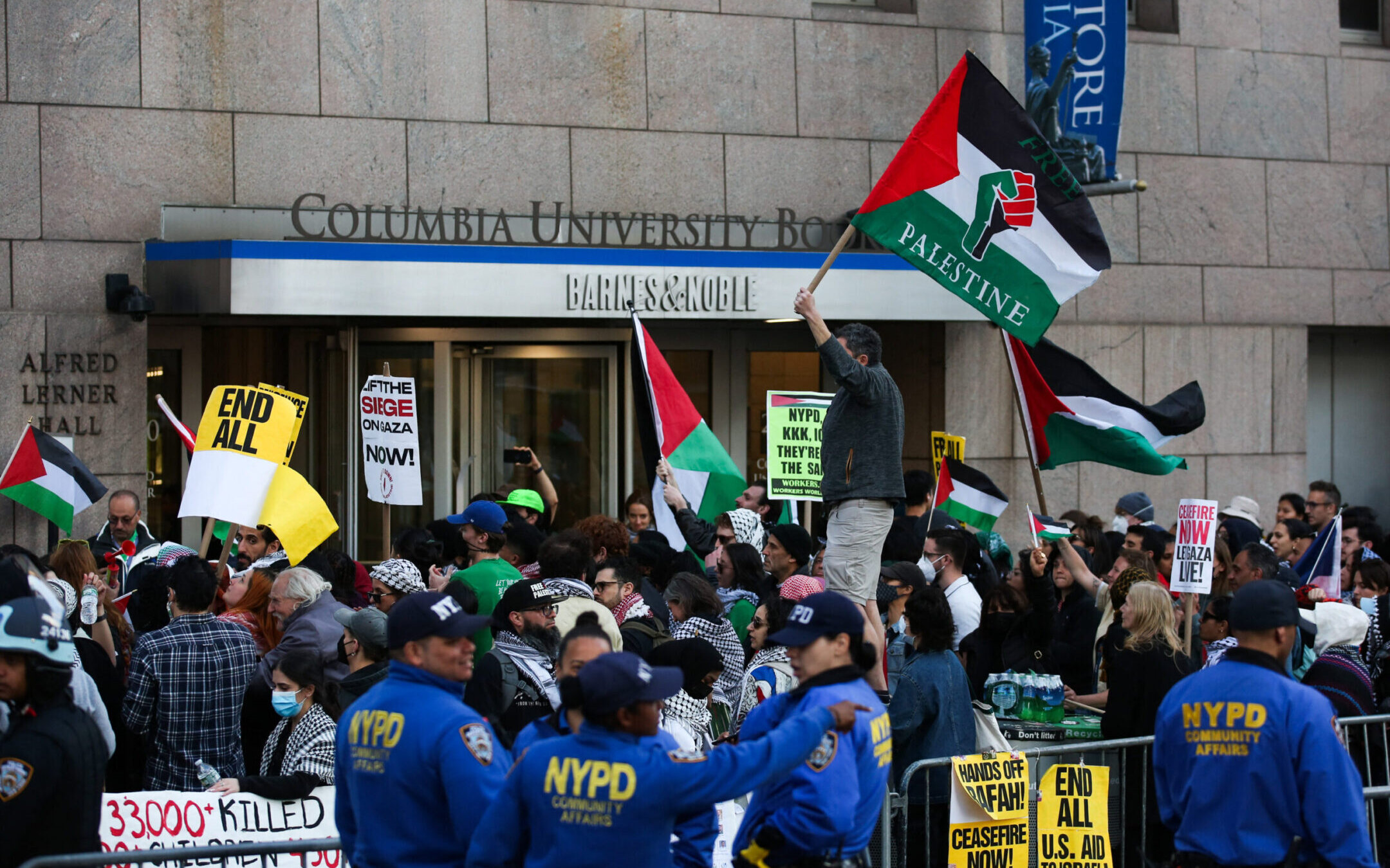 Pro-Palestinian activists protest outside Columbia University in New York City April 20.