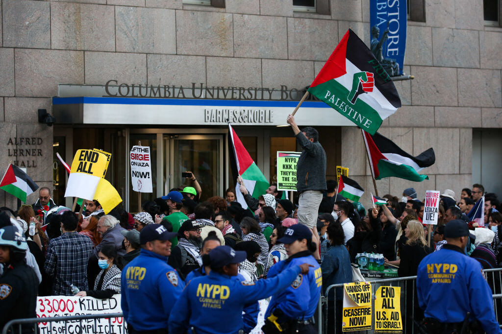 Pro-Palestinian activists protest outside Columbia University in New York City on April 20, 2024. 
