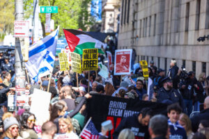 Protesters face off in front of Columbia University April 22.