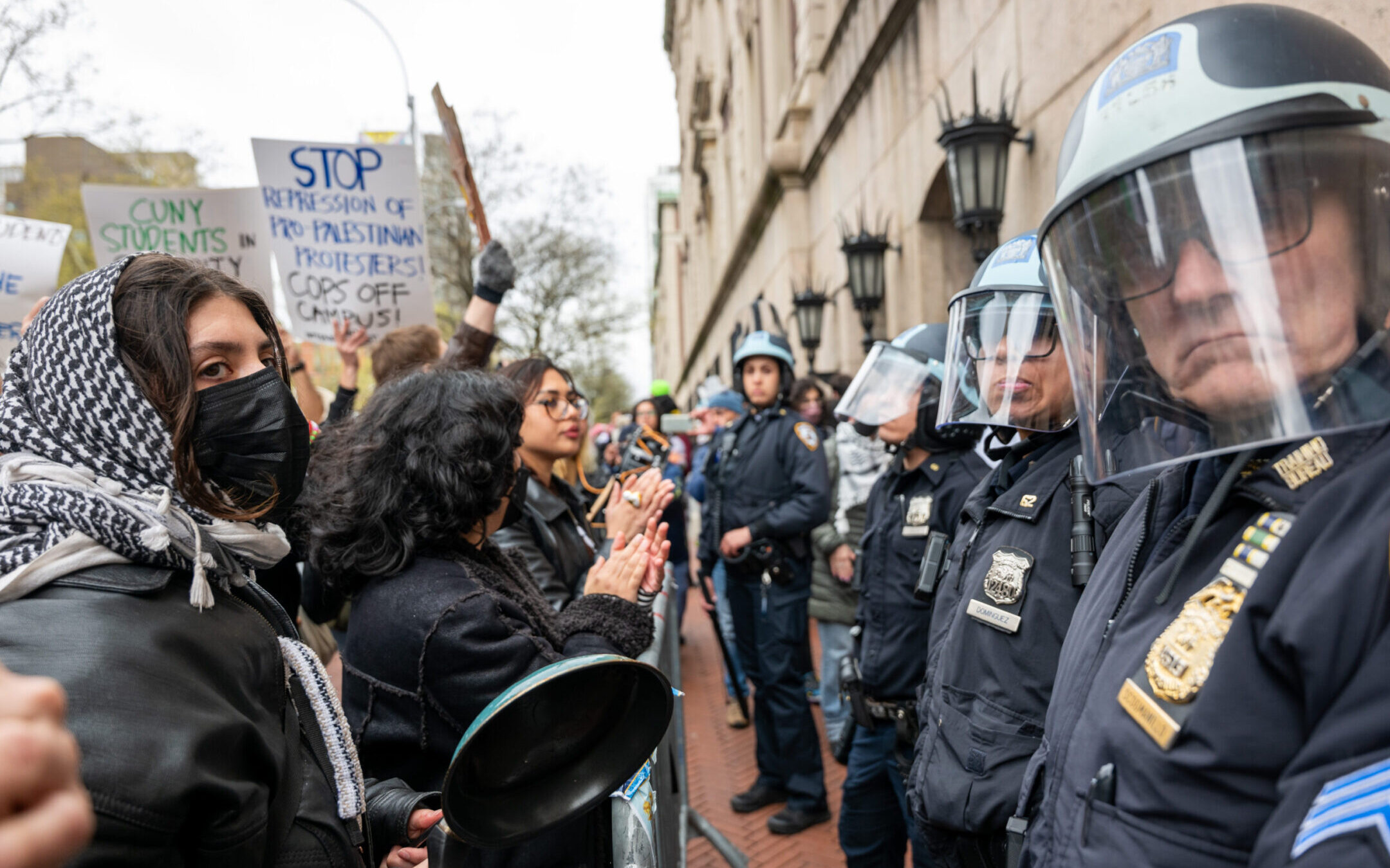 Students and pro-Palestinian activists face police as they gather outside of Columbia University to protest the university’s stance on Israel on April 18, 2024 in New York City. (Spencer Platt/Getty Images)