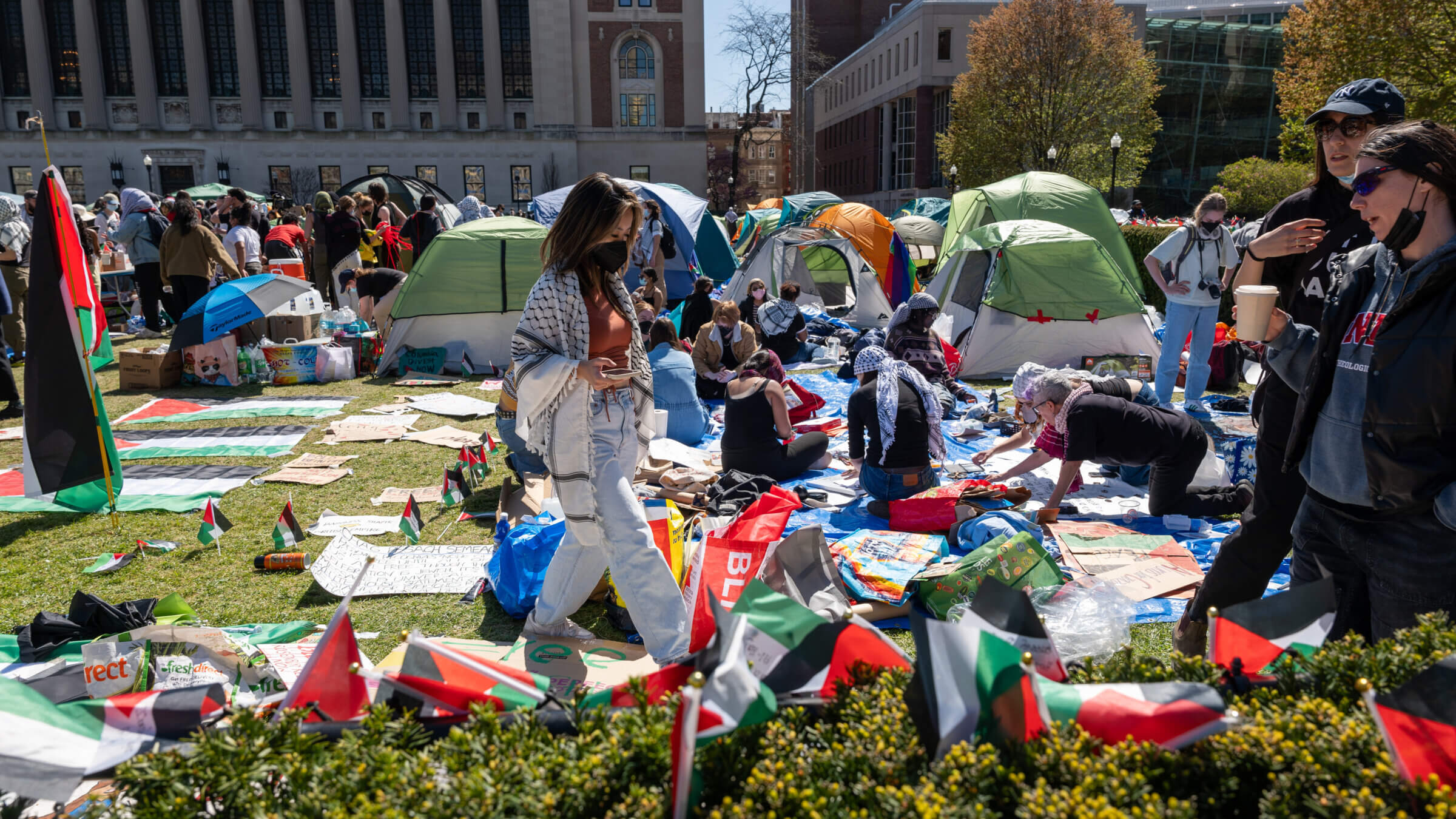 Pro-Palestinian supporters set up a protest encampment on the campus of Columbia University Monday. All classes at Columbia University have been held virtually today after school President Minouche Shafik announced a shift to online learning in response to recent campus unrest.