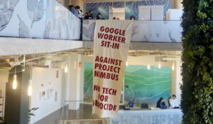 A banner hung by protesters who staged a sit-in Tuesday at Google's New York City offices.