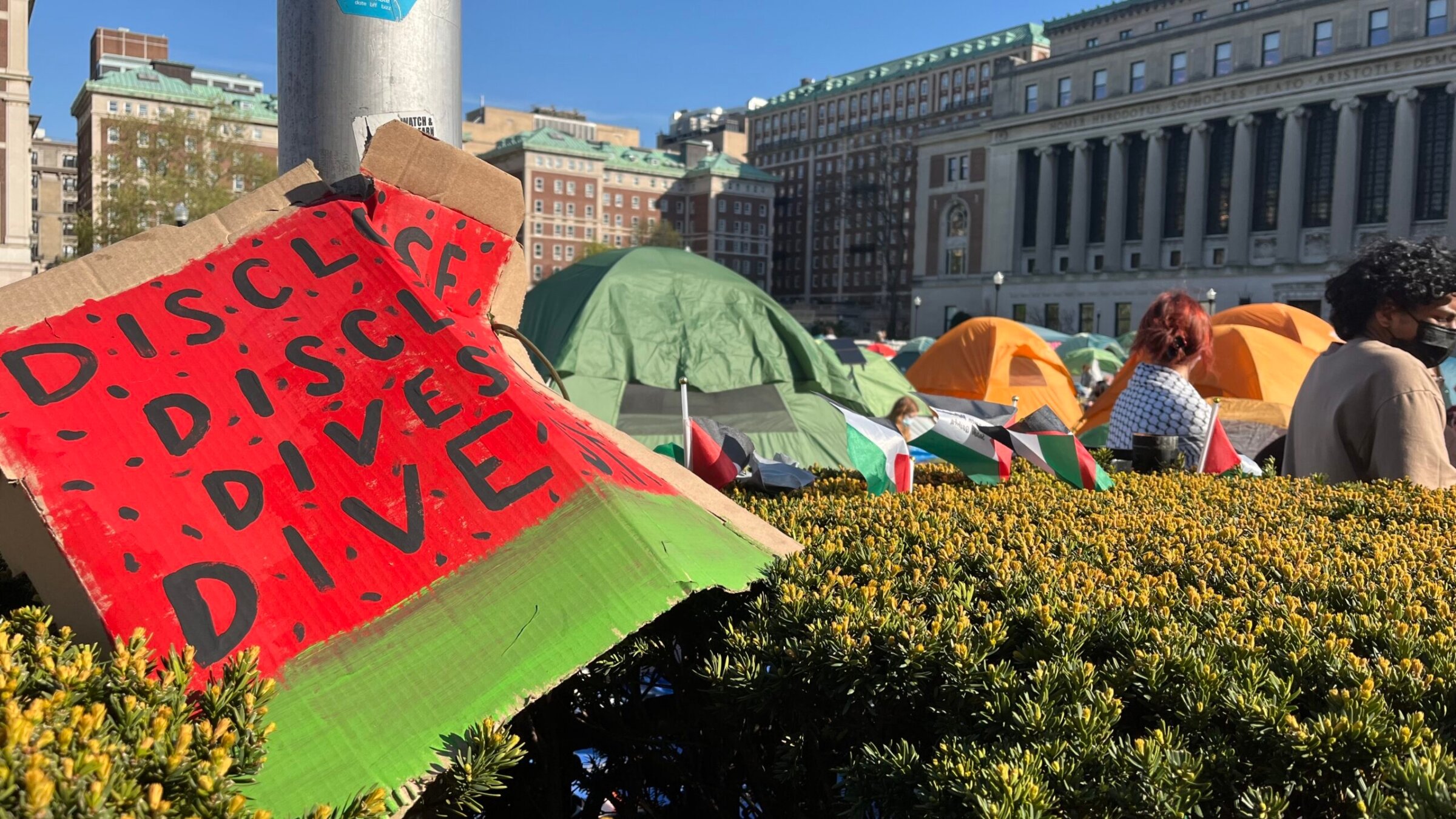 Columbia University student protesters camped on campus to call for divestment from Israel, April 28, 2024. (Philissa Cramer)