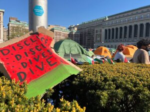 Columbia University student protesters camped on campus to call for divestment from Israel, April 28, 2024. (Philissa Cramer)