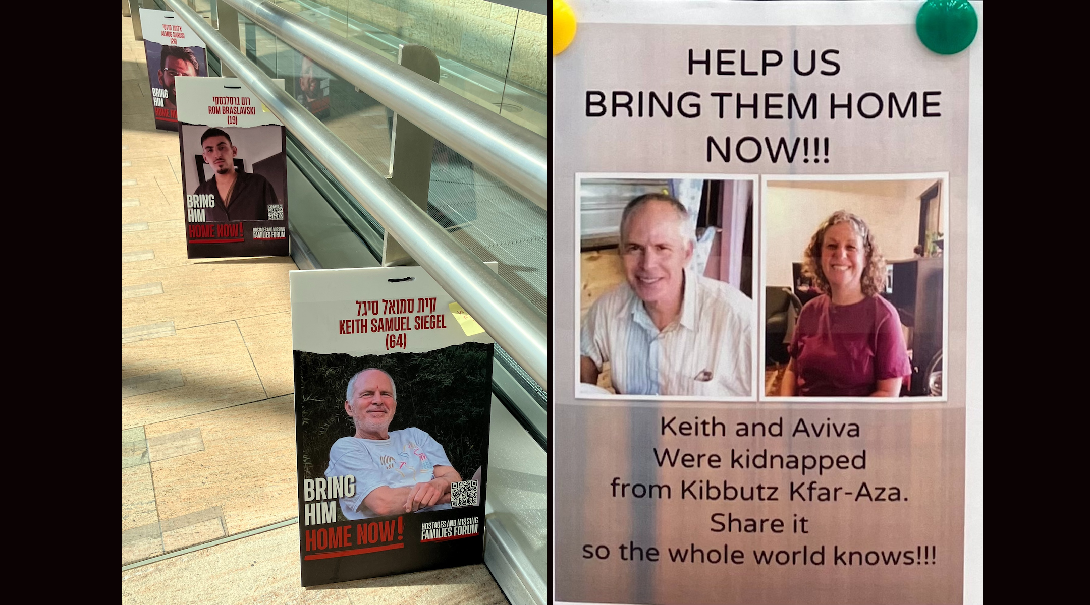 A hostage poster showing Keith Siegel can be seen at Israel’s Ben-Gurion Airport. His wife Aviva was freed from Gaza in November, but posters from when they were both hostages can still be found if one looks carefully across Israel. (Jane Gabin)