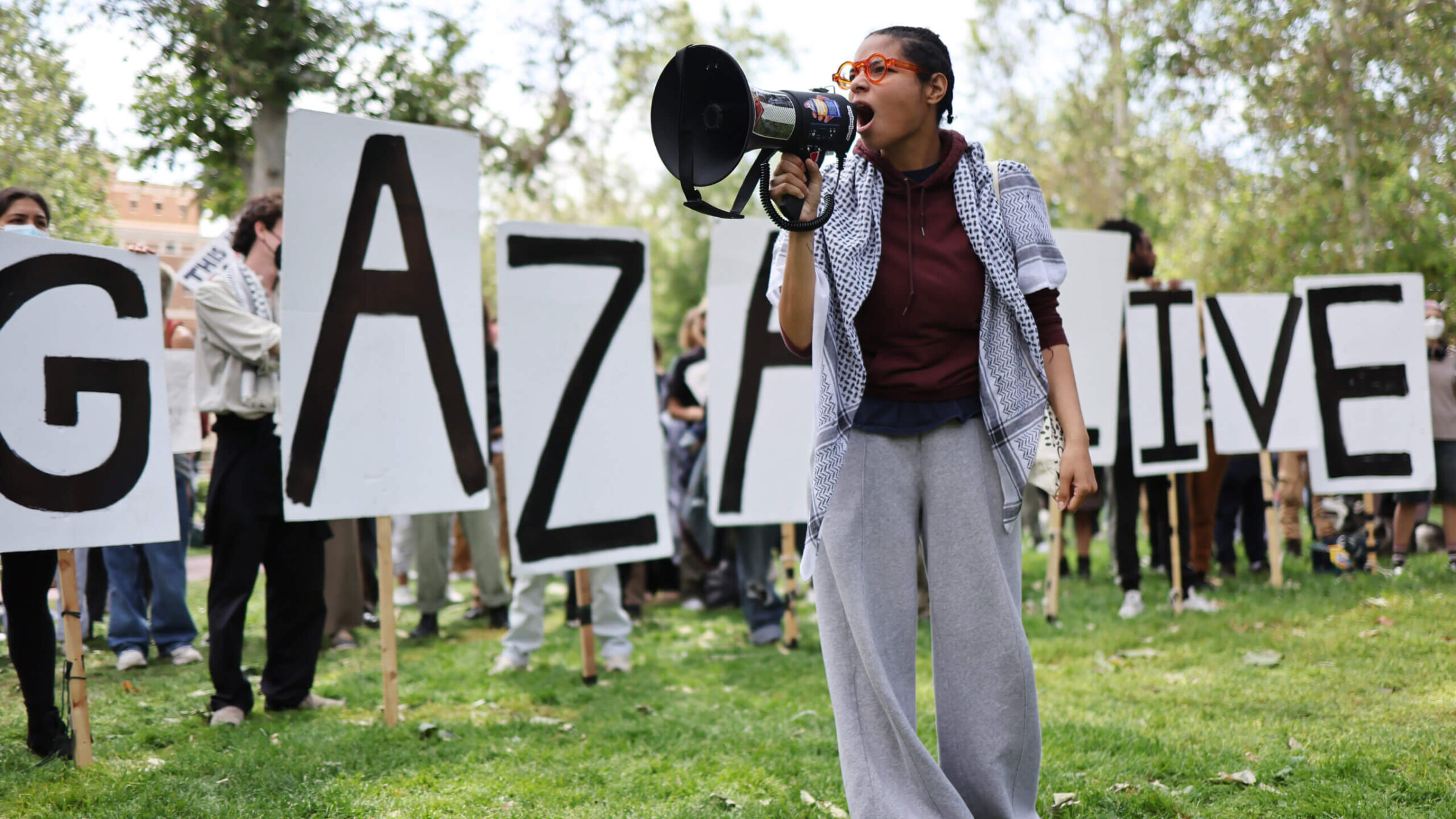 Pro-Palestinian demonstrators rally at an encampment in support of Gaza at the University of Southern California on April 24 in Los Angeles. 
