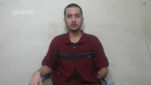 Hersh Goldberg Polin, an Israeli-American held hostage by Hamas, in a video released on April 24, 2024.