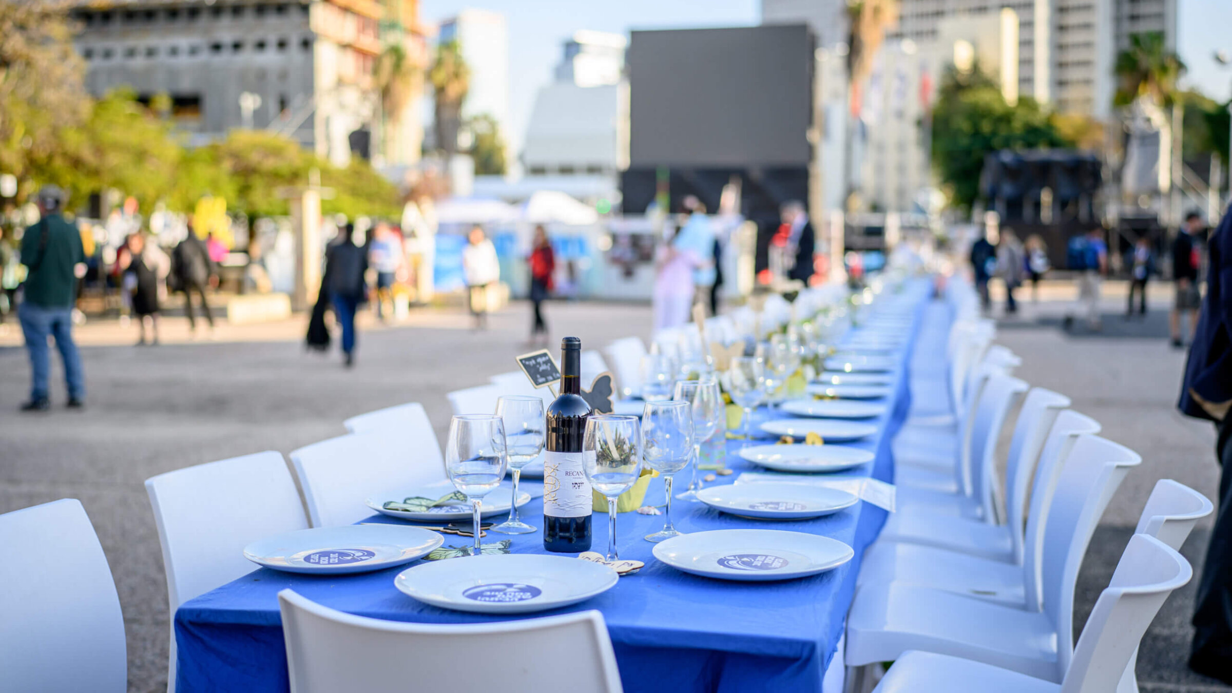 A dinner table is set for the return of the hostages at "Hostages Square," Feb. 21 in Tel Aviv.