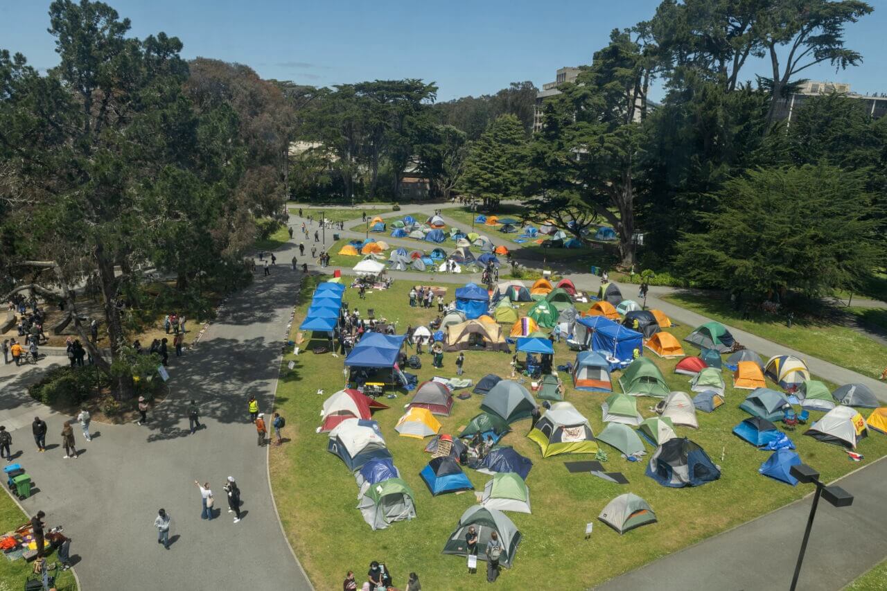 In one week, the tent encampment at San Francisco State University has grown to over 100 tents as of Monday, May 6, 2024.