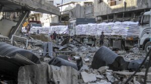 A view of aid trucks carrying relief supplies from Turkiye have arrived in Gaza City as the Israeli attacks continue in Gaza City, May 8, 2024. (Mahmoud Issa/Anadolu via Getty Images)