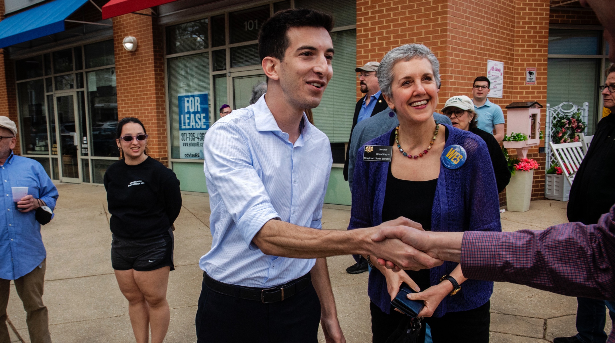 Maryland State Del. Joe Vogel, a Jewish gay Latino Democrat, campaigns with State Sen. Cheryl Kagan in Gaithersburg, Maryland, April 14, 2024. (Bill O’Leary/The Washington Post via Getty Images)