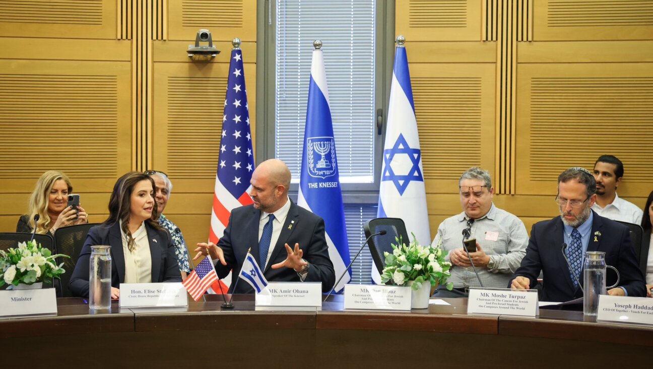 New York Rep. Elise Stefanik, a Republican, chats with Knesset Speaker Amir Ohana in the Knesset, Jerusalem, May 19, 2024. (Noam Moskowitz | Knesset Press Office)