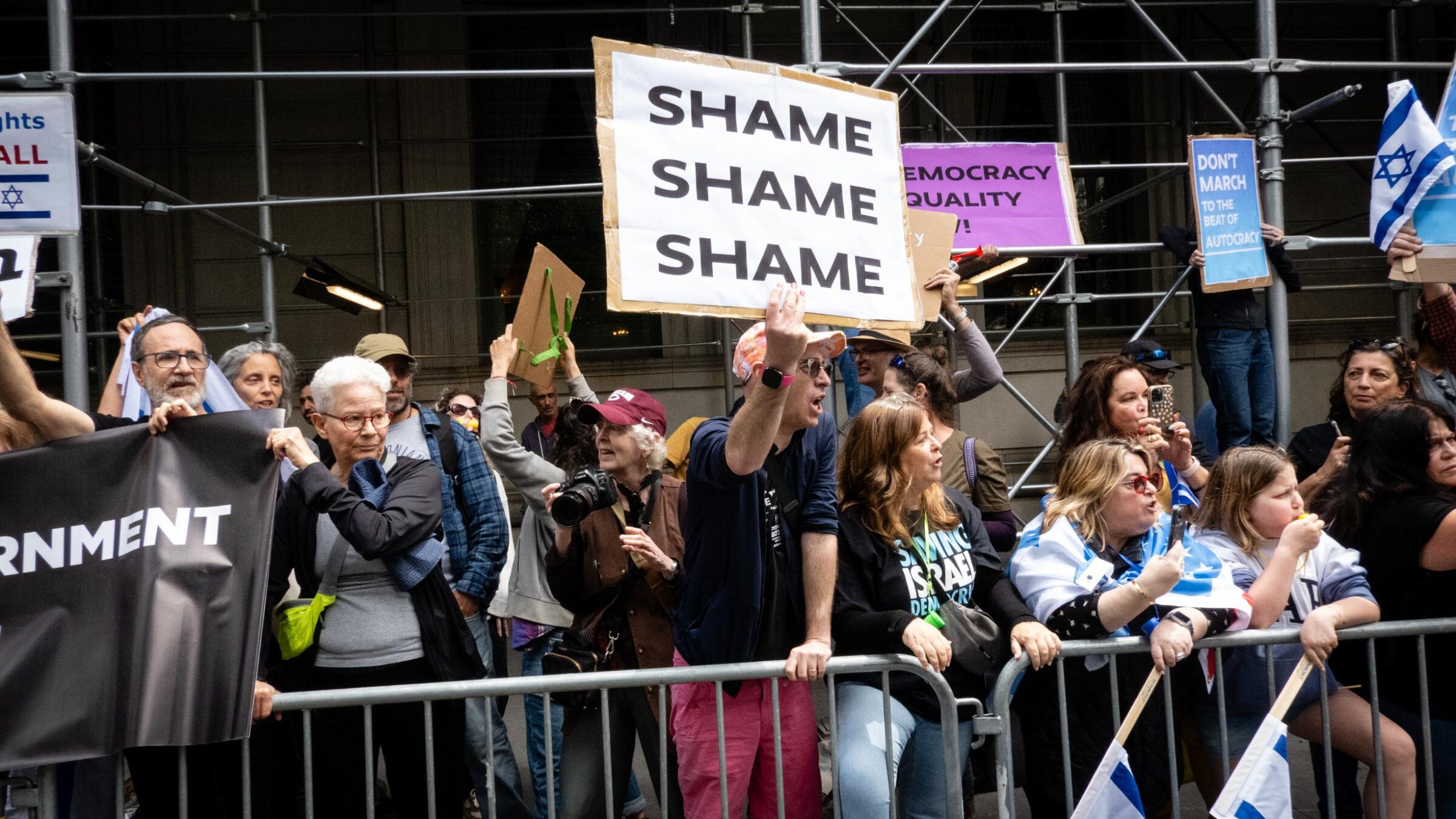 Left-wing Israelis protest against visiting Israeli government ministers during New York’s annual Celebrate Israel Parade, in midtown Manhattan, June 4, 2023. (Luke Tress)