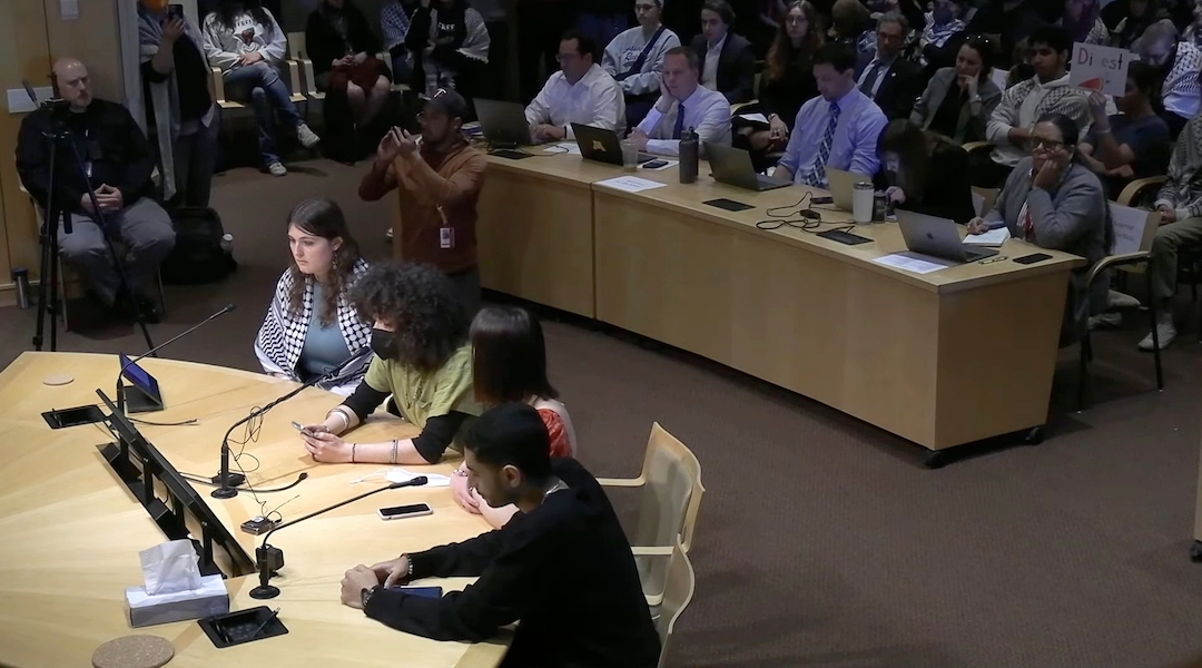 Members of the UMN Divest Coalition, including a self-identified anti-Zionist Jewish student, urge the University of Minnesota Board of Regents to divest from Israeli companies during the board’s regular meeting in Minneapolis, Minnesota, May 10, 2024. (Screenshot)