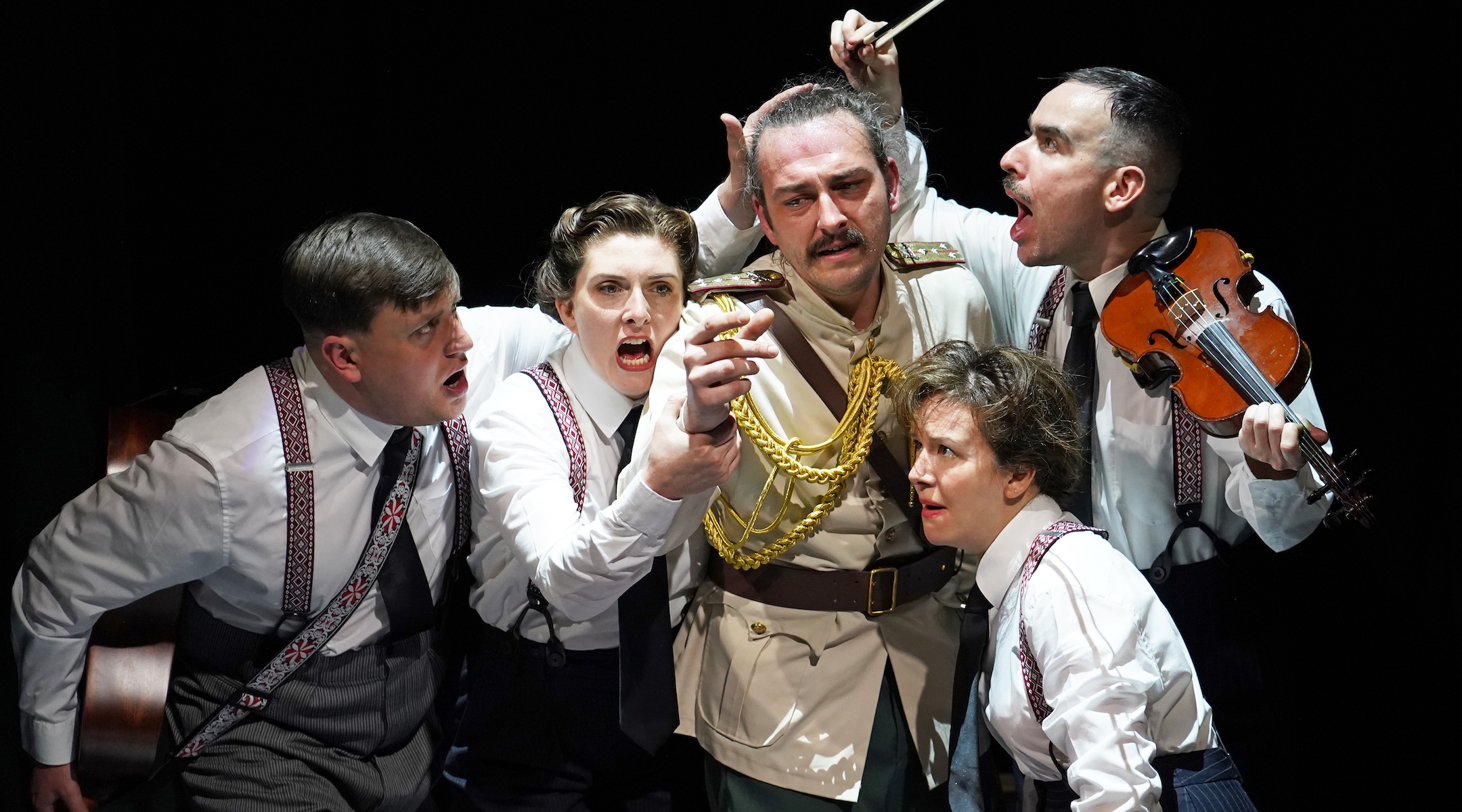 From left: David Leopold, Sasha Wilson, Joseph-Cullen, Lawrence Boothman and Clare Fraenkel in 'The Brief Life and Mysterious Death of Boris III, King of Bulgaria,' now at 59E59 Theaters. (Carol Rosegg)