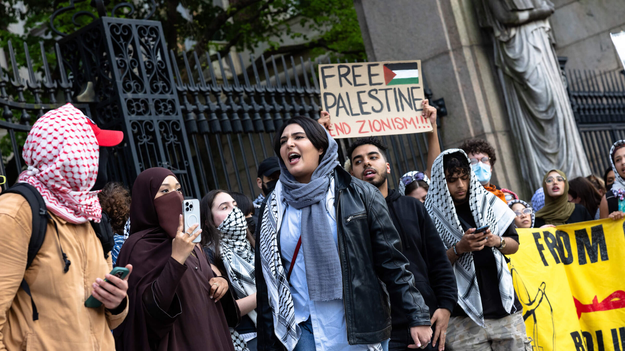 Pro-Palestinian protestors hold a rally outside of Columbia University on April 30. 