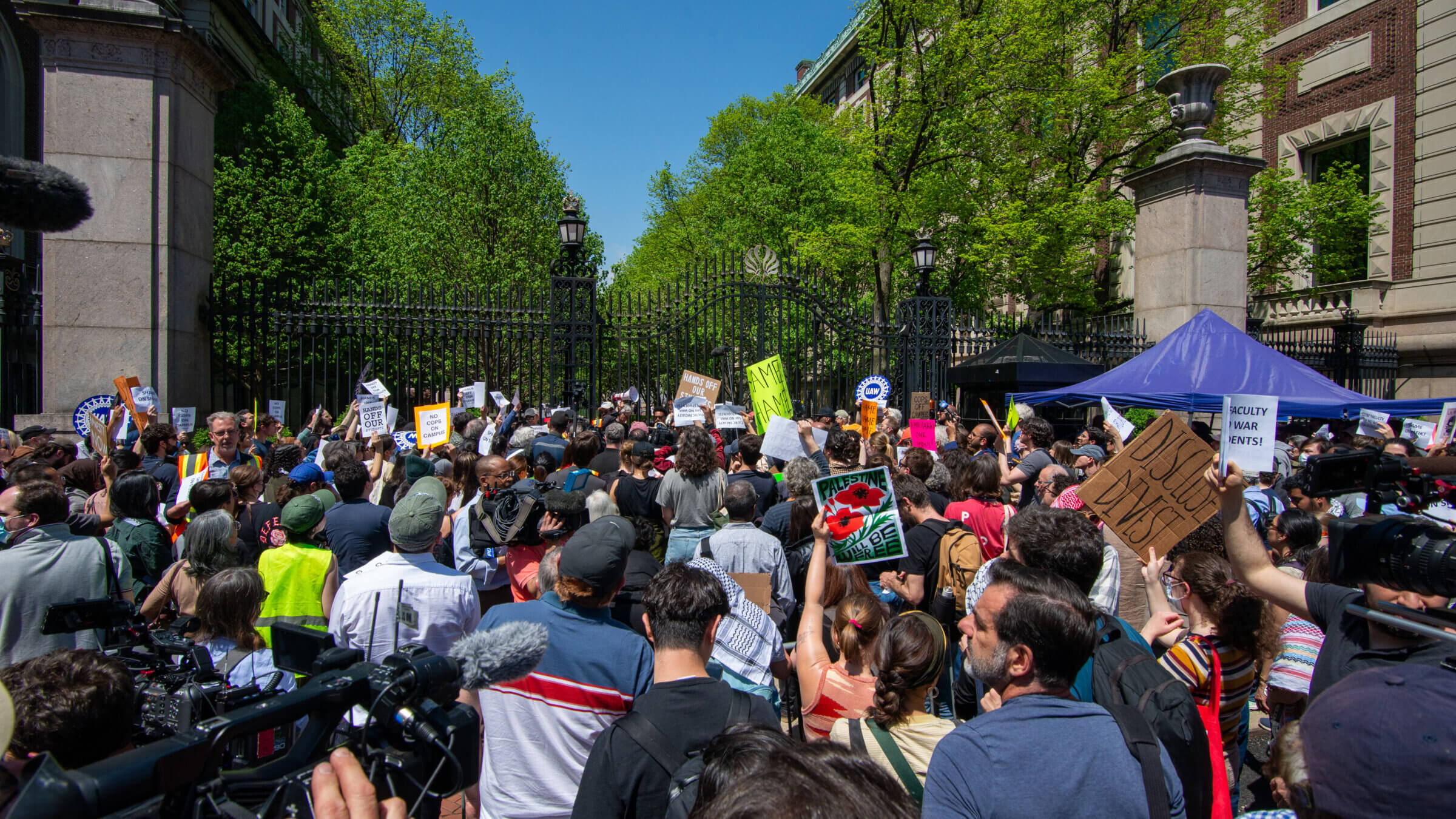 A rally outside Columbia University's gates to protest the arrest of scores of students and the presence of New York City police on campus May 1.