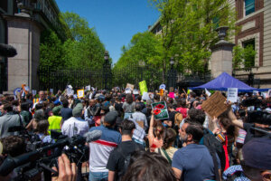 A rally outside Columbia University's gates to protest the arrest of scores of students and the presence of New York City police on campus, on May 1, 2024
