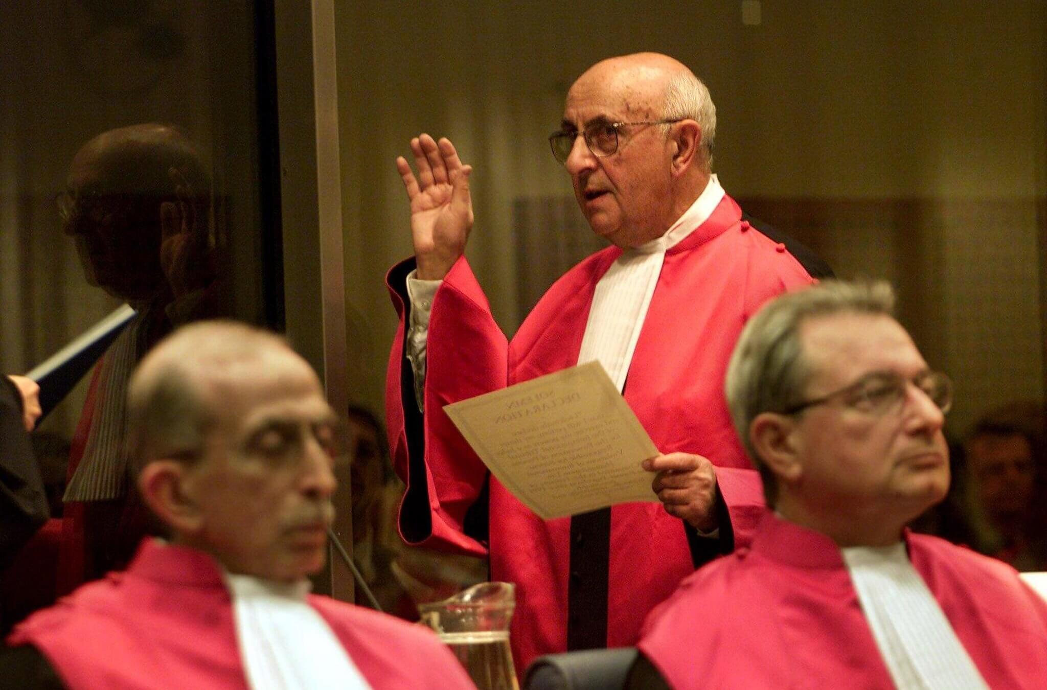 American judge Theodor Meron is sworn in as a judge by the United Nations international war crimes tribunal in The Hague, 2001.