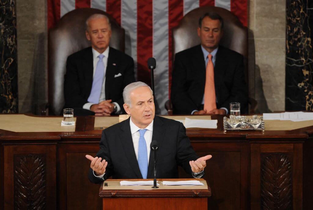 Israeli Prime Minister Benjamin Netanyahu speaks during a joint meeting of Congress on May 24, 2011.  