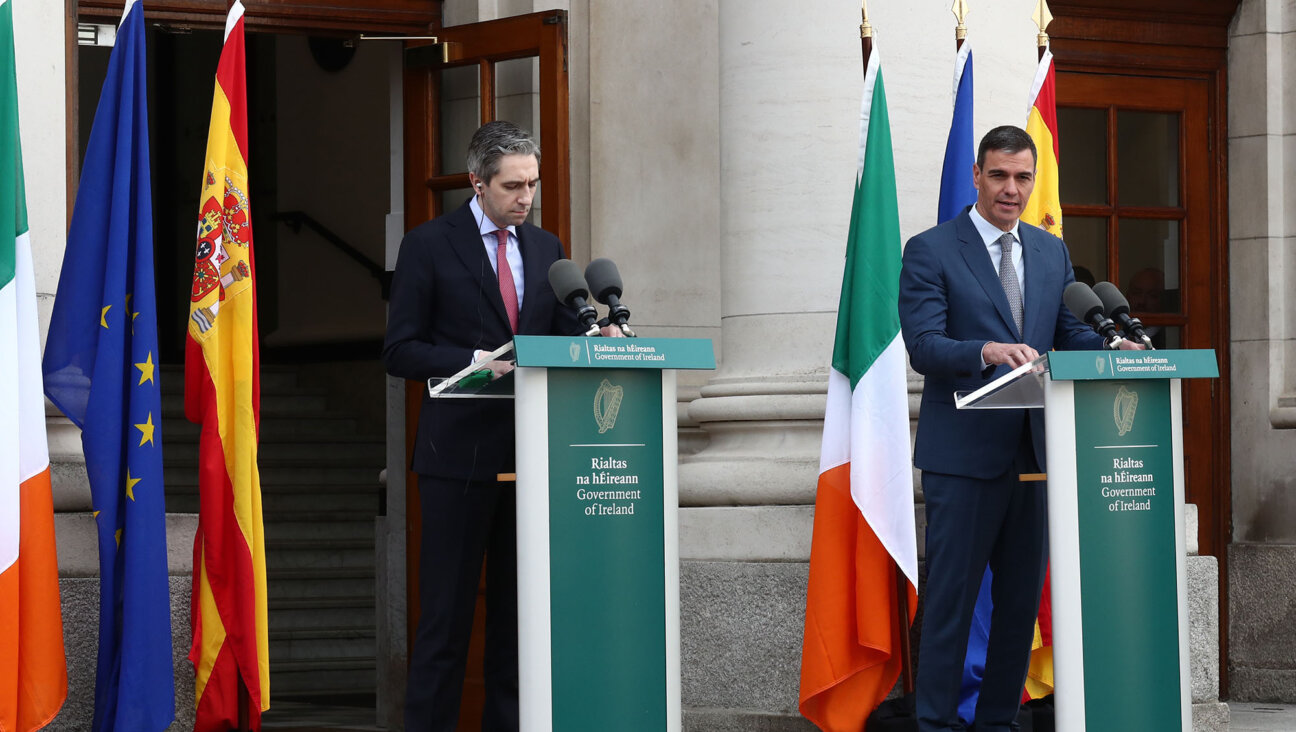 Spanish President Pedro Sanchez (R) and the prime minister of Ireland, Simon Harris together speak after an April meeting in Dublin in which they expressed their willingness to endorse a Palestinian state. (Moncloa via Getty Images)