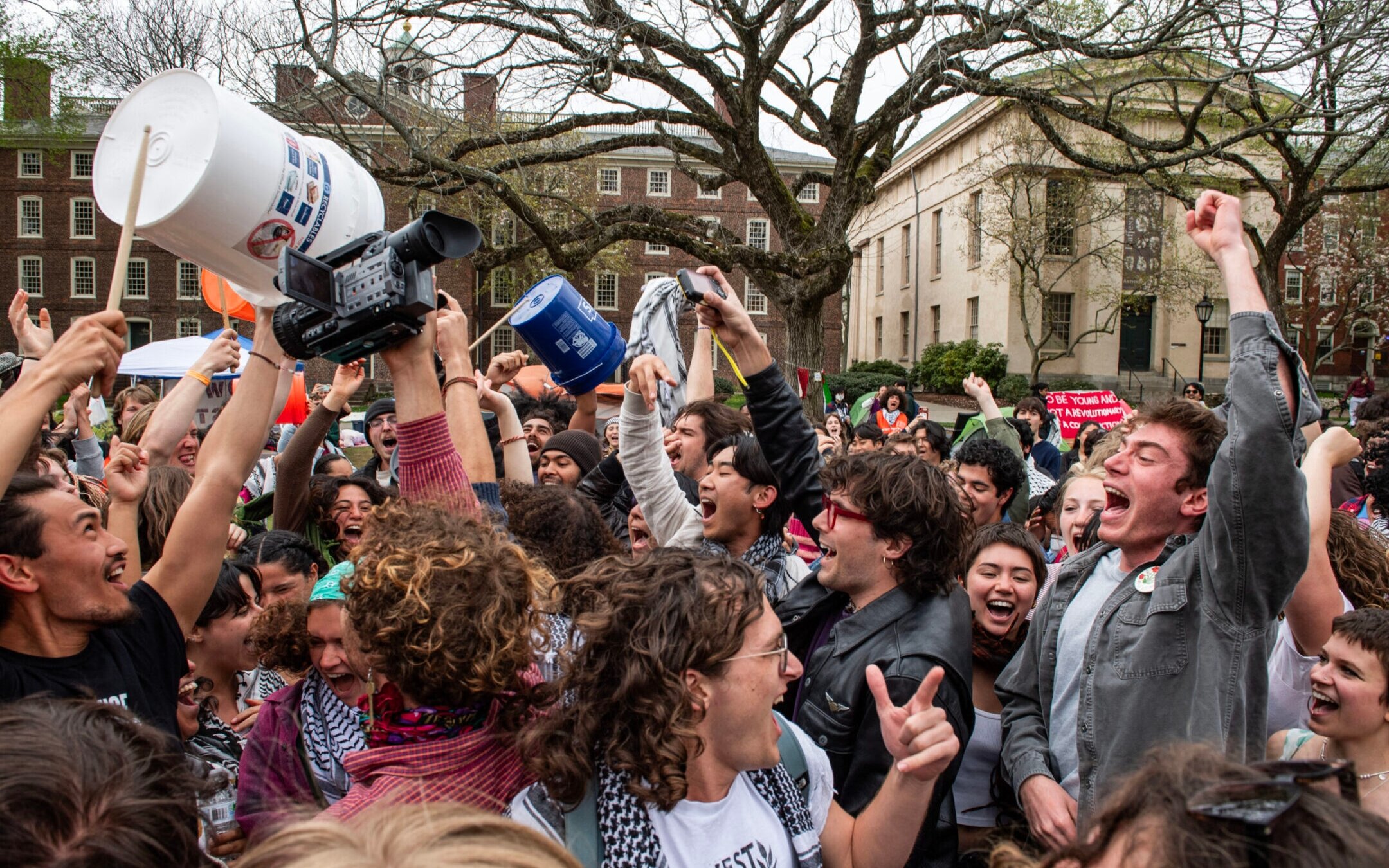 Pro-Palestinian students celebrate reaching a deal with the administration at Brown University, bringing an end to their encampment, in Providence, Rhode Island on April 30, 2024. (Joseph Prezioso / AFP via Getty Images)