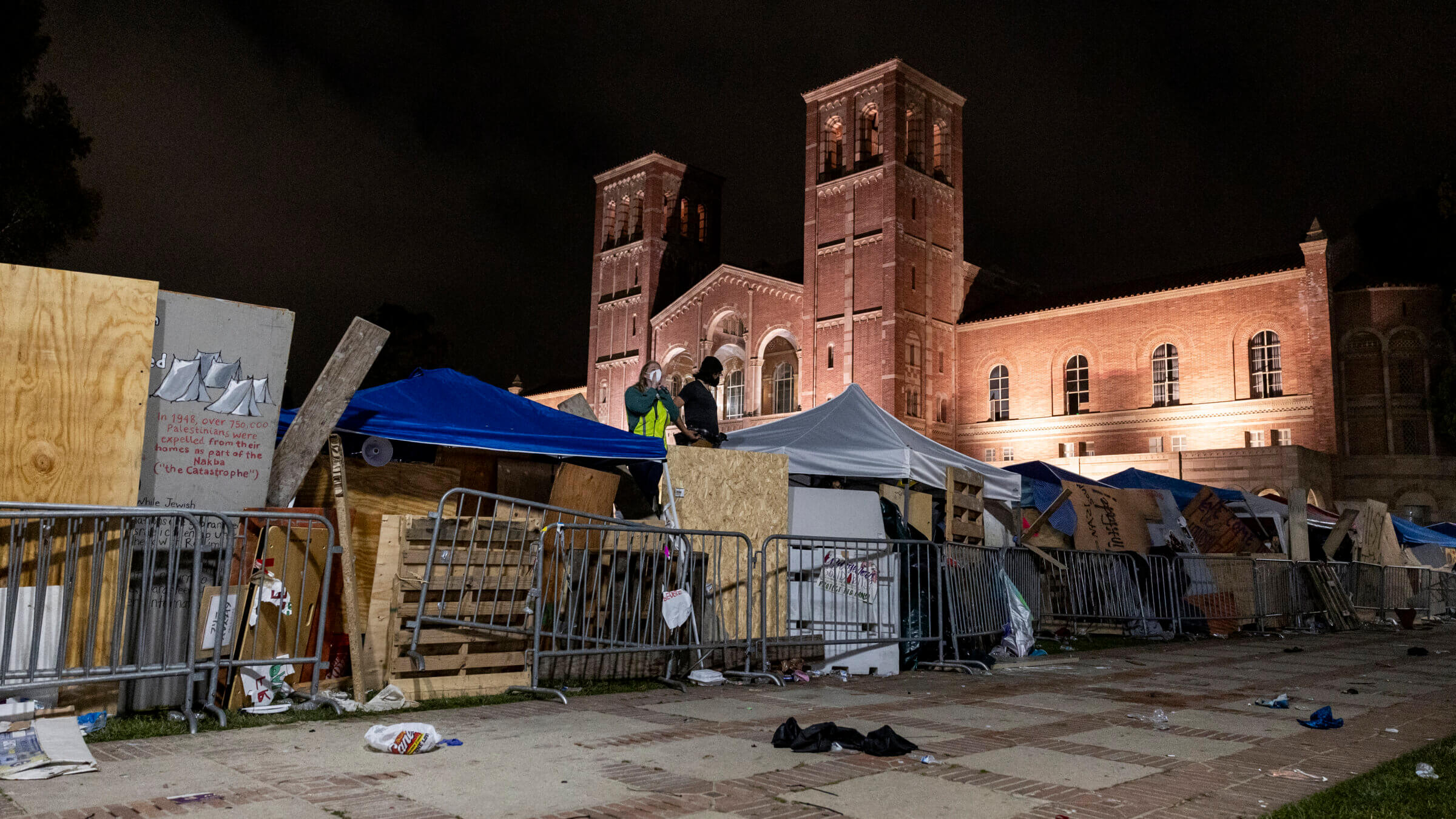 The pro-Palestinian encampment on the campus of UCLA, on May 1, 2024. Law enforcement dismantled early the next day.