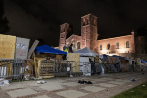 The pro-Palestinian encampment on the campus of UCLA, on May 1, 2024. Law enforcement dismantled early the next day.
