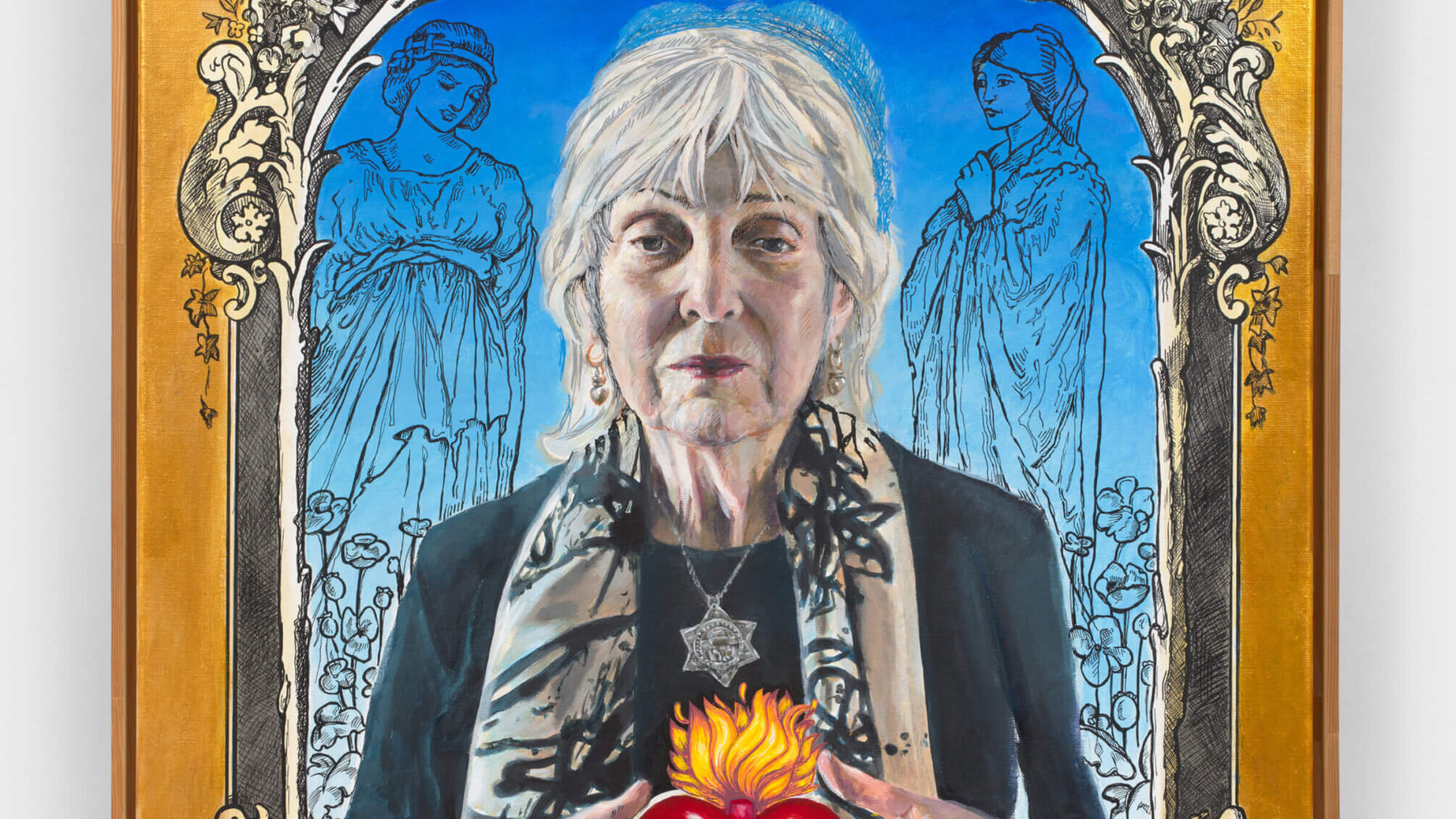 In "Self Portrait with Flaming Heart,"  Audrey Flack paints herself as the Virgin Mary.