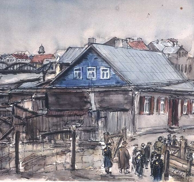 A painting of the Kovno ghetto in Lithuania, 1942, by Esther Lurie.