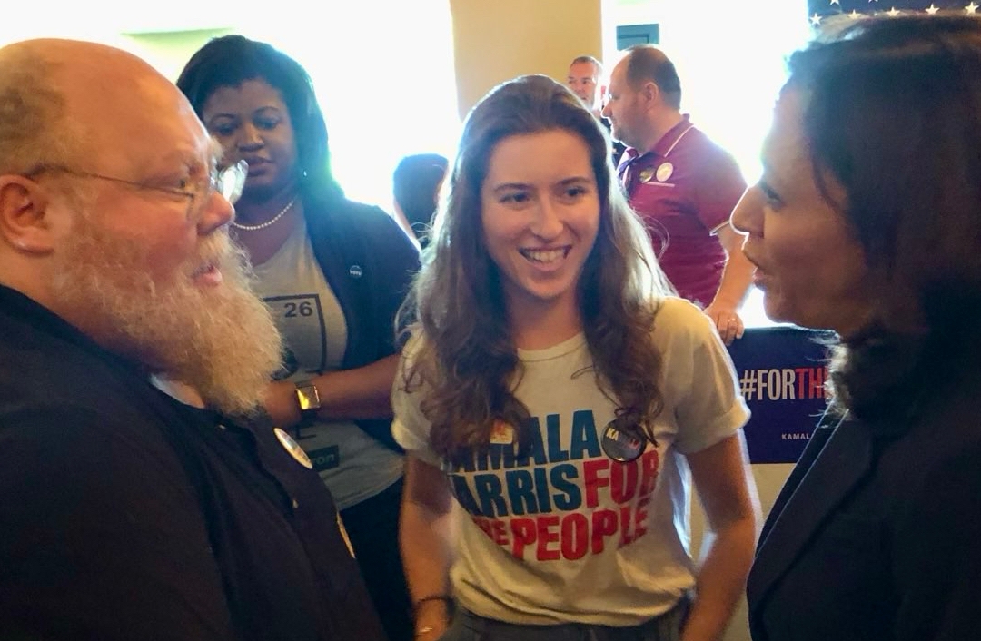 Lily Greenberg Call, seen here during the 2020 Democratic presidential primary season with Kamala Harris, whose staff she joined, became the first Jewish Biden administration staffer to resign publicly over the Israel-Hamas war. (Courtesy Lily Greenberg Call)