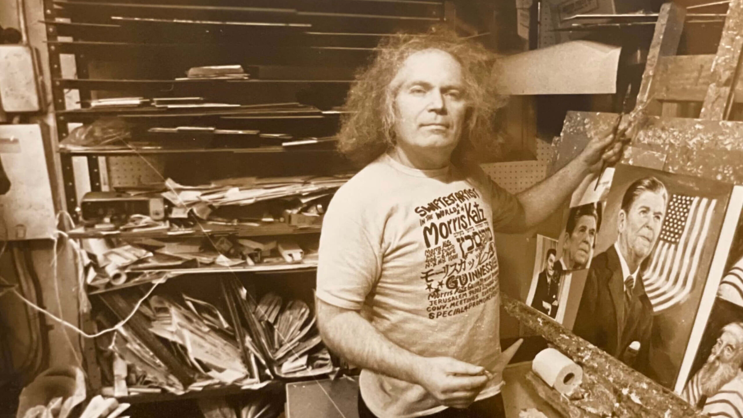 Morris Katz in his studio, working on a painting of Ronald Reagan (he painted every American president up to George H.W. Bush.)