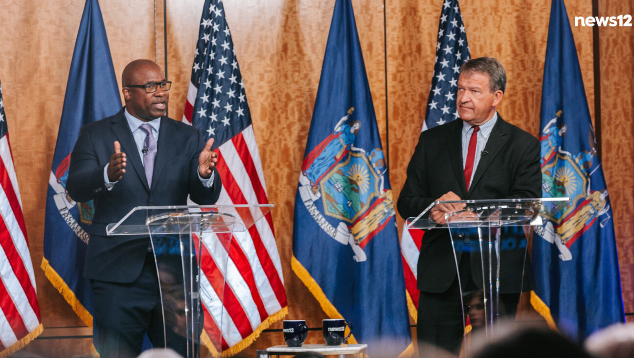 Rep. Jamaal Bowman, left, and challenger George Latimer, right, at a debate in White Plains, New York, May 13, 2024. (Credit: News 12)