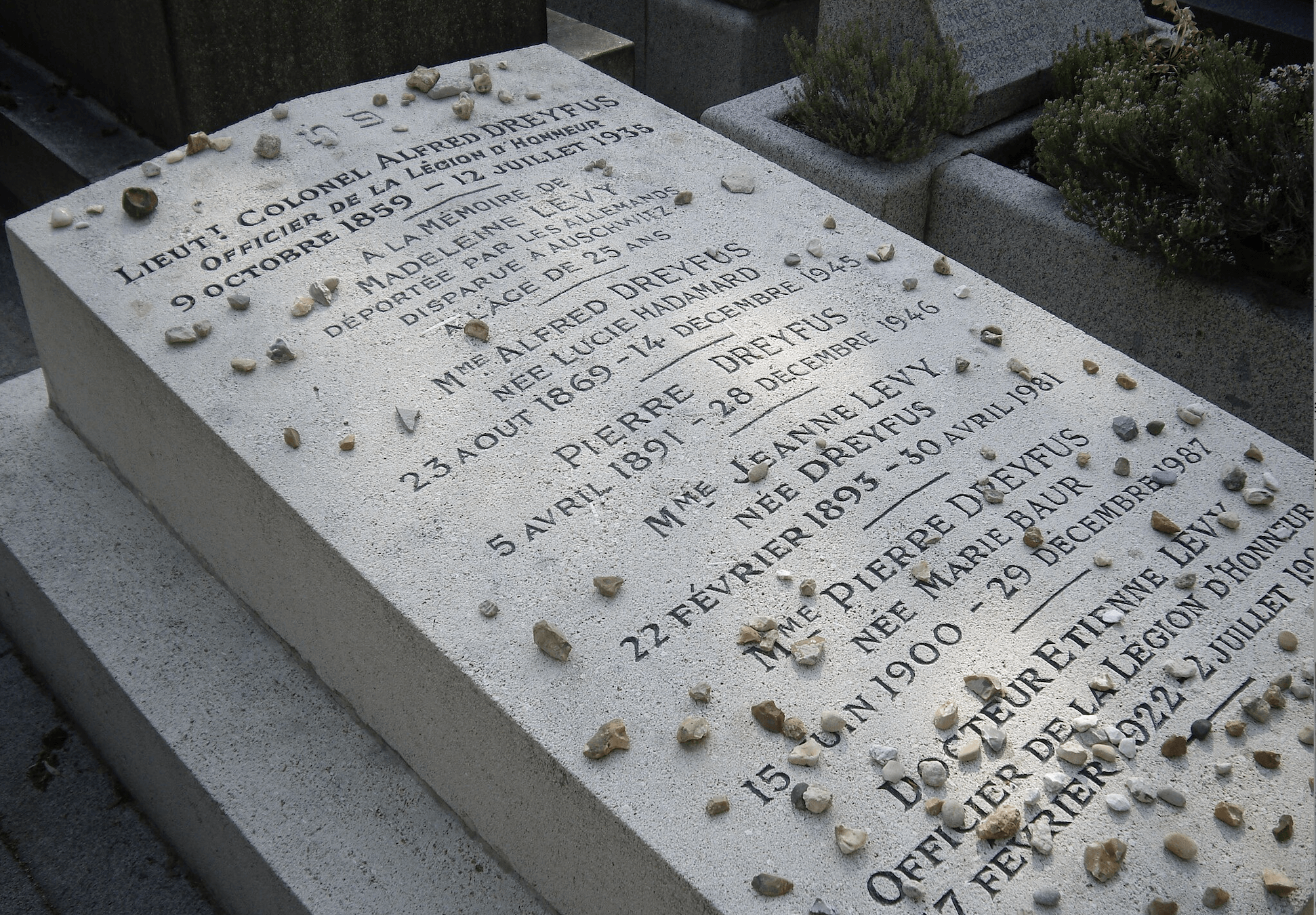 The tomb of Alfred Dreyfus, where Alfred Dreyfus Samuelson left his business card.