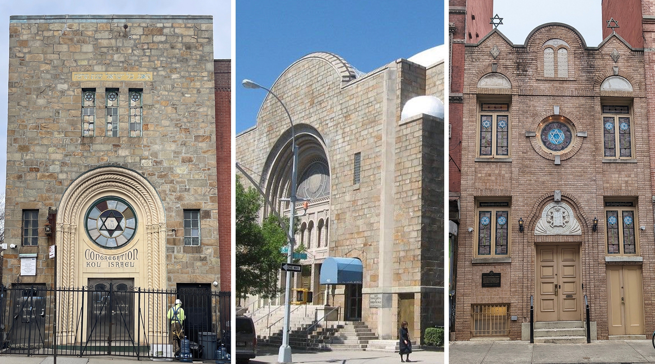 L-R: Congregation Kol Israel, Young Israel Beth El of Borough Park and Kehila Kedosha Janina Synagogue. (Courtesy New York Landmarks Conservancy)