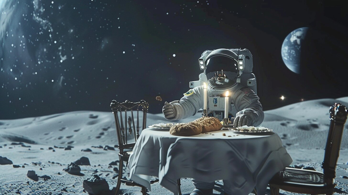 An astronaut enjoying a Friday night Shabbat dinner.