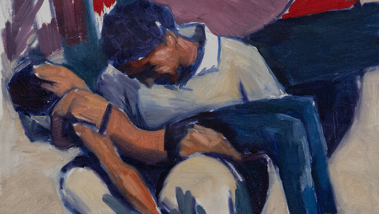Ariel Asseo's painting of a father cradling his dead son is featured in an Israeli art exhibition about war's impact on children. He hopes it will prompt conversations about Israel's war in Gaza and policies in the occupied West Bank.