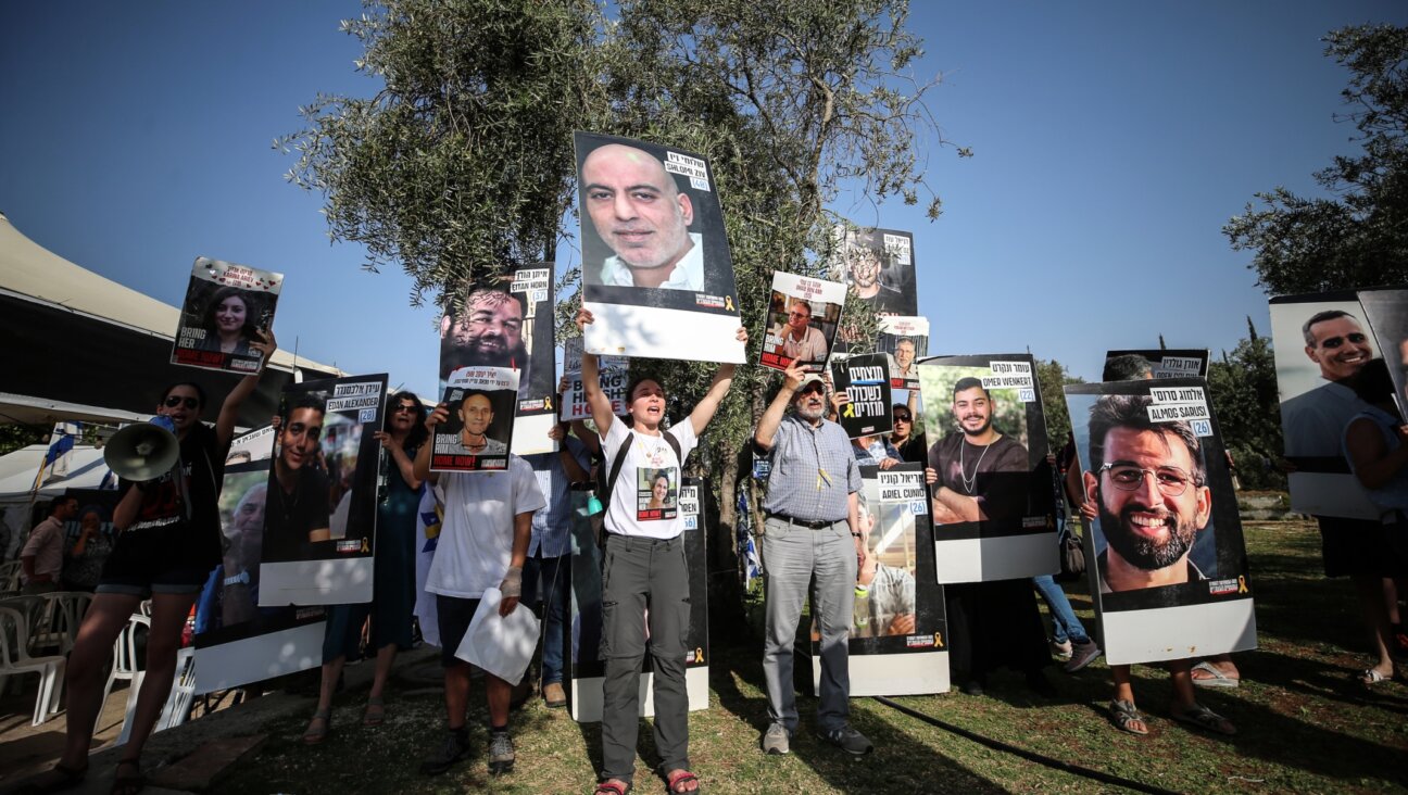 Relatives and friends of Israelis held hostage by Palestinian Hamas militants in the Gaza Strip are gathering to listen to the Israeli Finance Minister during a rally in the center of Jerusalem, June 3, 2024. (Saeed Qaq/NurPhoto via Getty Images)