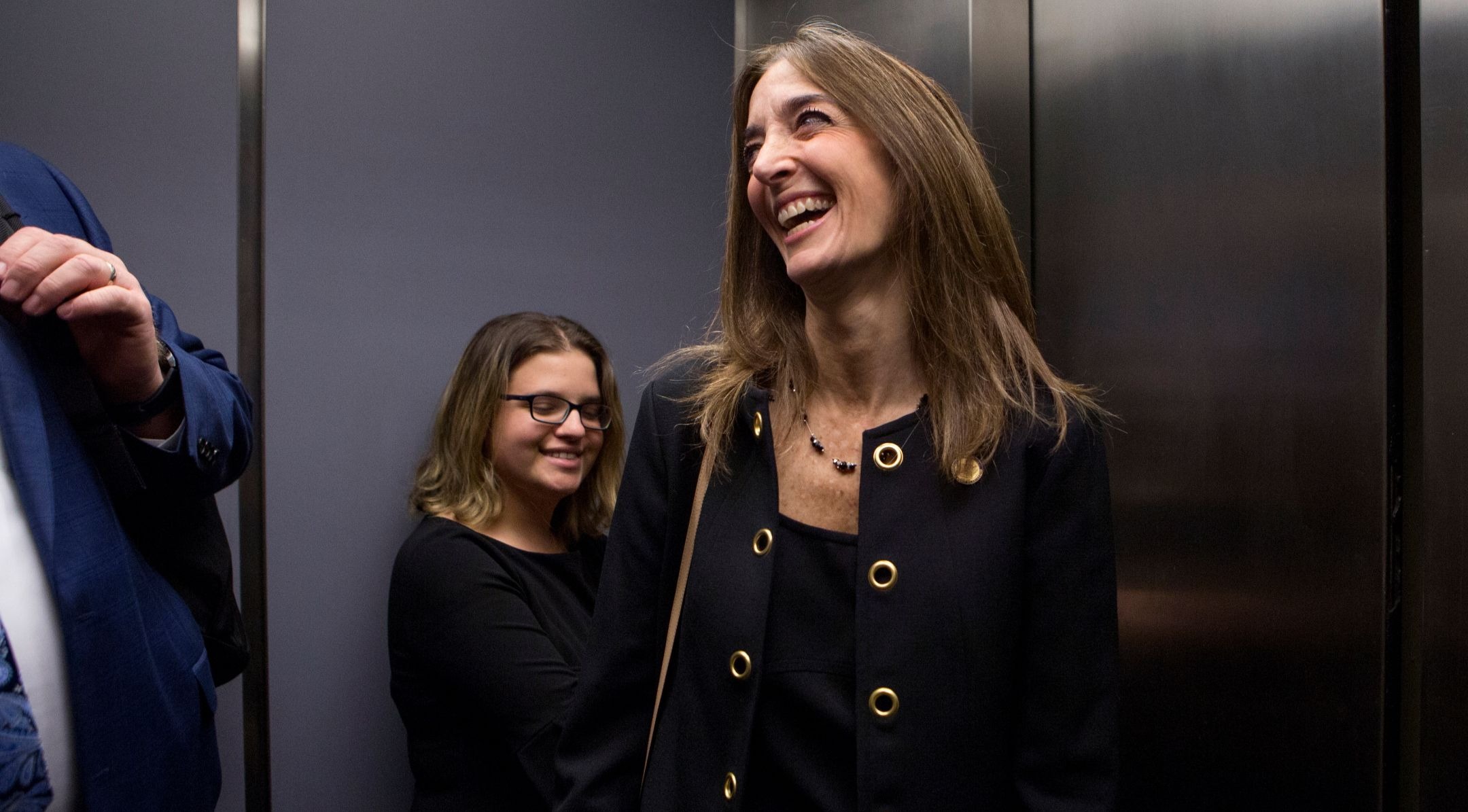 Democrat Eileen Filler-Corn of Fairfax County rides the elevator down from her office in the Pocahontas Building in Richmond, Virginia, Dec. 18, 2018. (Julia Rendleman for the Washington Post)