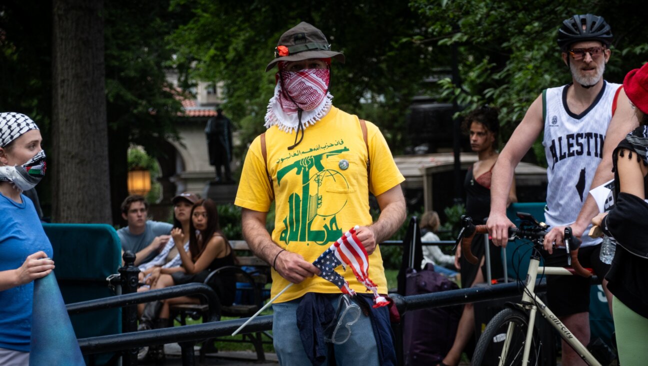 A man wearing a Hezbollah shirt at an anti-Israel protest in Union Square, June 10, 2024. (Luke Tress)