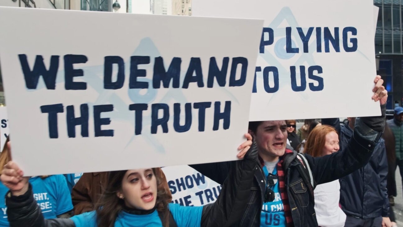 Jewish pro-Palestinian activists protest Birthright in a scene from the documentary “Israelism” (Tikkun Olam Productions)