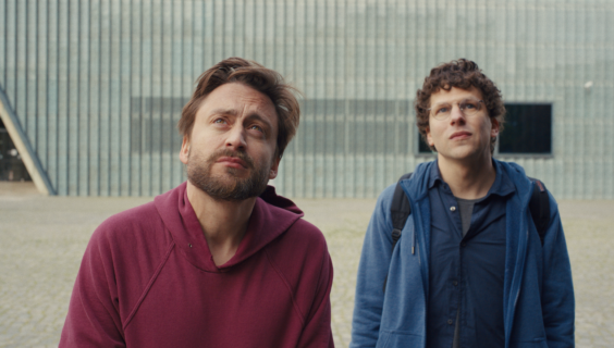 Benji (Kieran Culkin) and Dave (Jesse Eisenberg) in <i>A Real Pain.</i>
