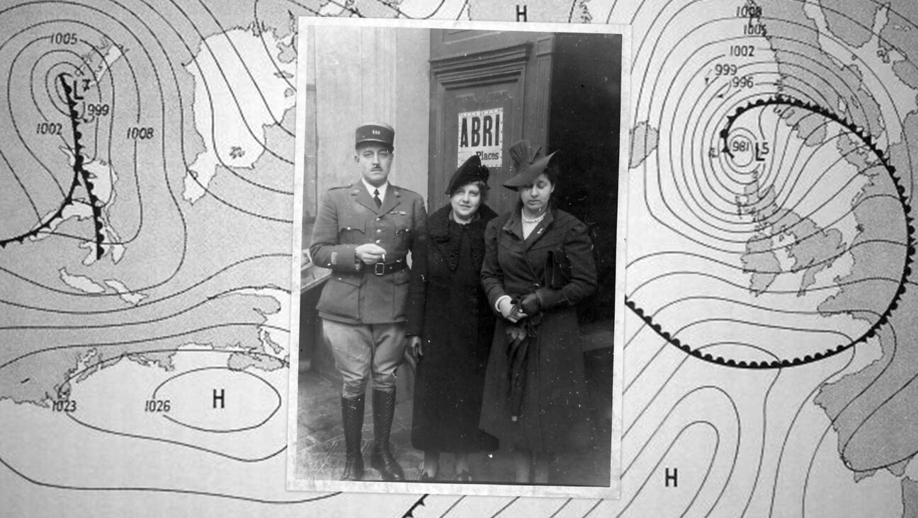 The author’s grandparents and his mother in front of their building in Paris, ca. 1940. At rear, surface weather analysis map shows weather fronts in and around Normandy on June 5, 1944. (Courtesy Gerard Laval; Wikipedia)