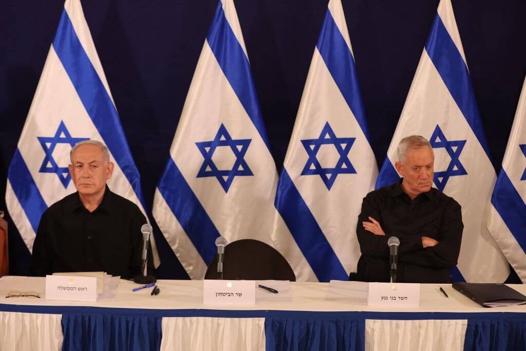 Israeli Prime Minister Benjamin Netanyahu and war cabinet minister Benny Gantz on Oct. 28, 2023. 