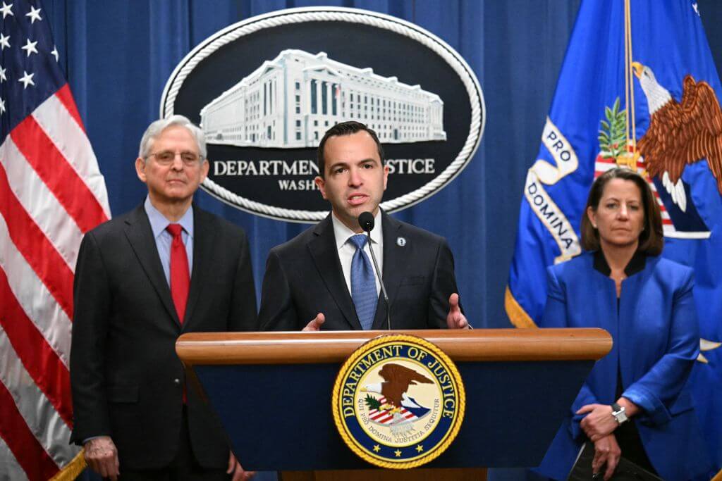 New Jersey Attorney General Matthew Platkin, with US Attorney General Merrick Garland (left) and Deputy Attorney General Lisa Monaco, announcing an antitrust lawsuit against Apple on March 21, 2024.