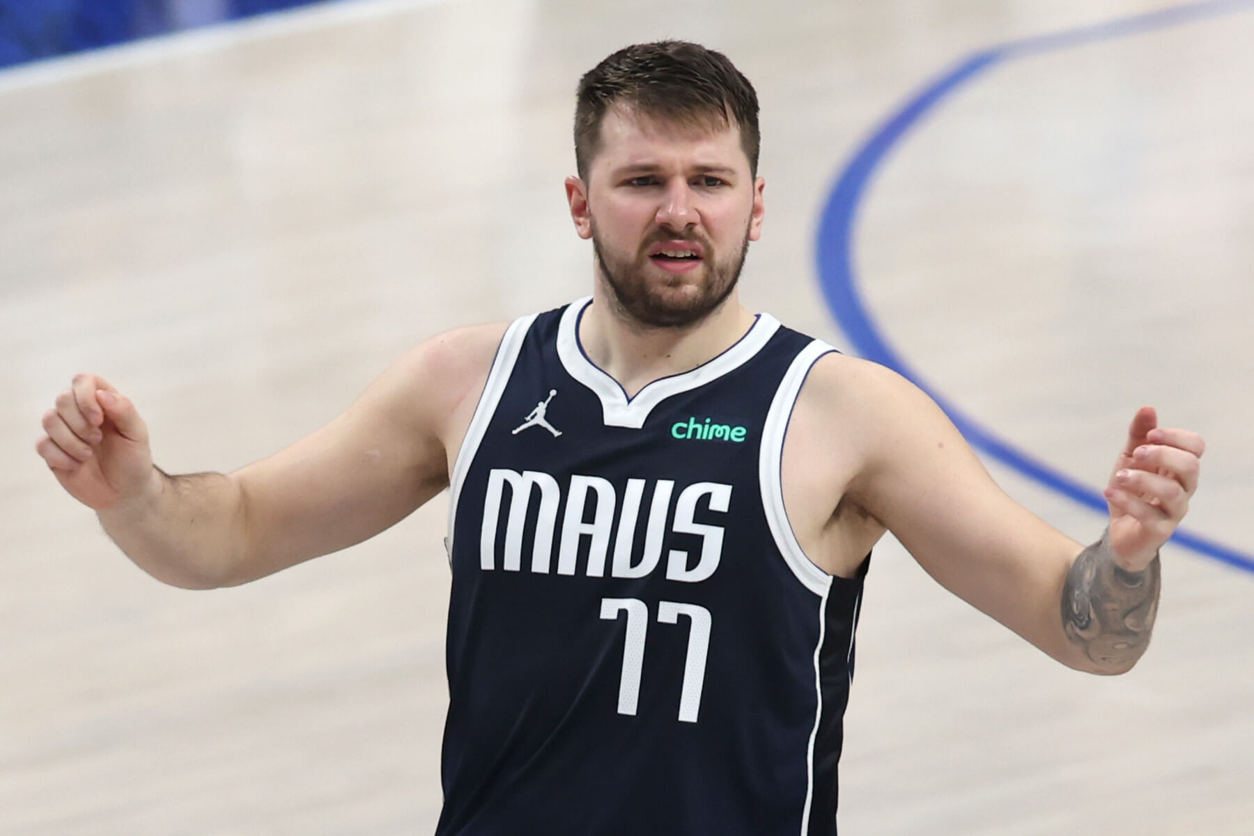 Luka Doncic #77 of the Dallas Mavericks reacts during the second quarter against the Minnesota Timberwolves in Game Four of the Western Conference Finals at American Airlines Center May 28 in Dallas, Texas.