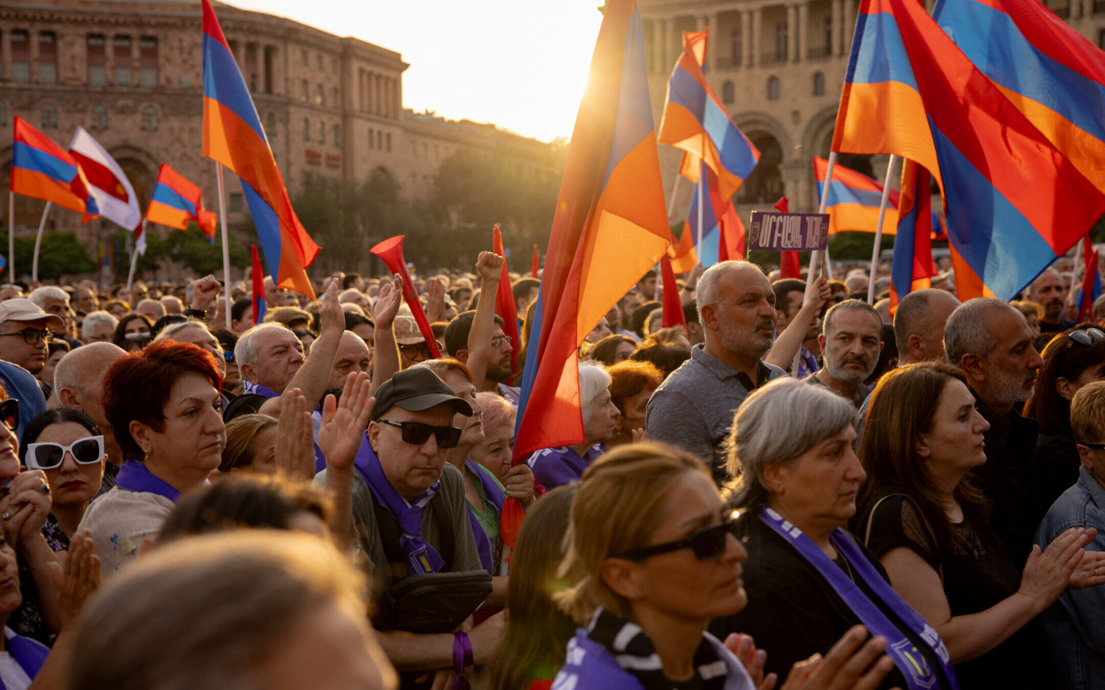 Thousands of Armenian protesters gather for Archbishop Bagrat Galstanyan’s speech during a rally against the government, in Yerevan Republic Square on June 9, 2024. (Anthony Pizzoferrato / Middle East Images / Middle East Images via AFP)