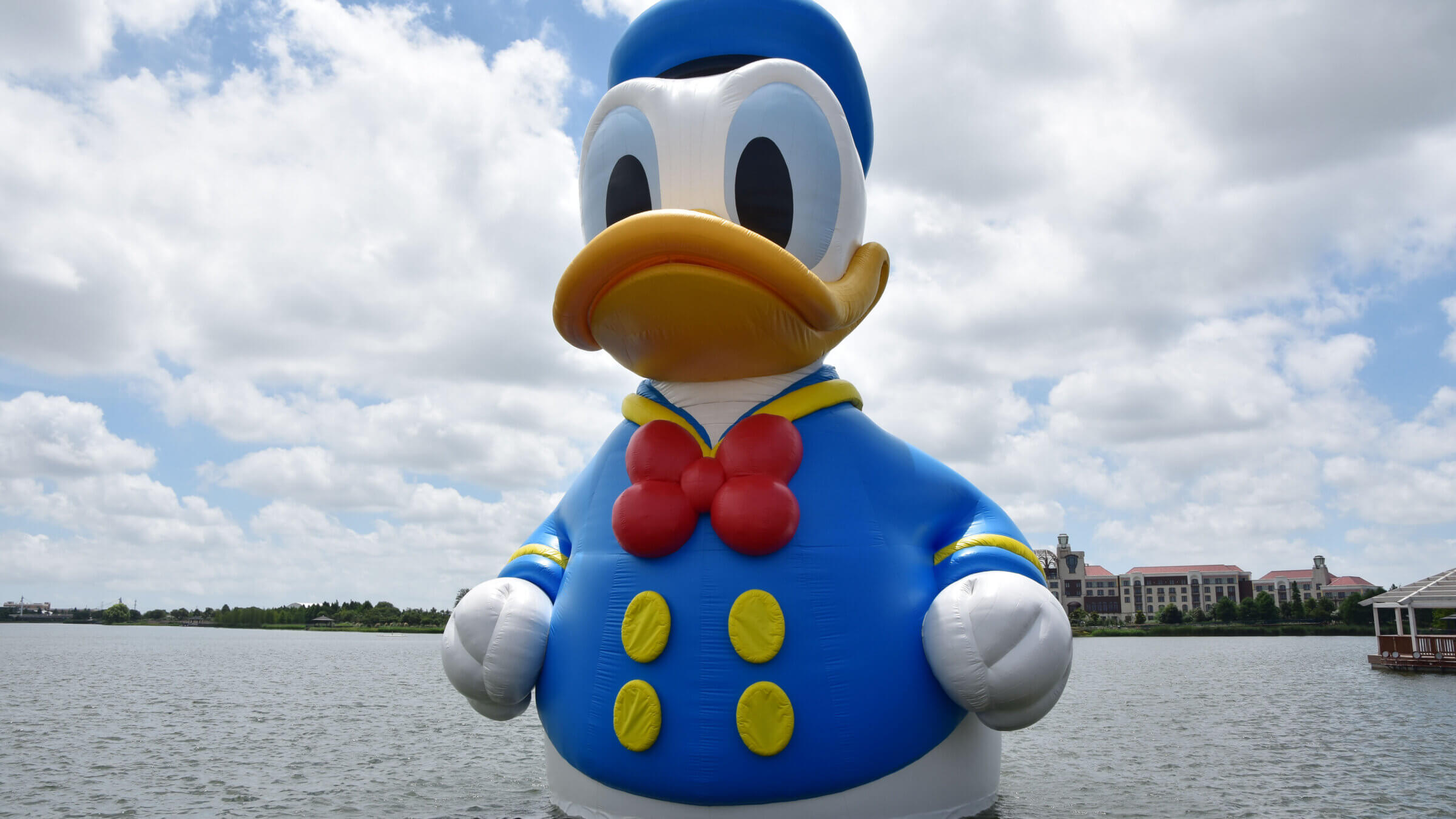 inflatable rubber Donald Duck surveys his domain at the Shanghai Disney Resort.