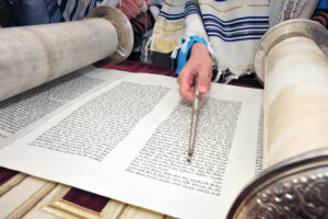 Torah scroll being read at a bar mitzvah