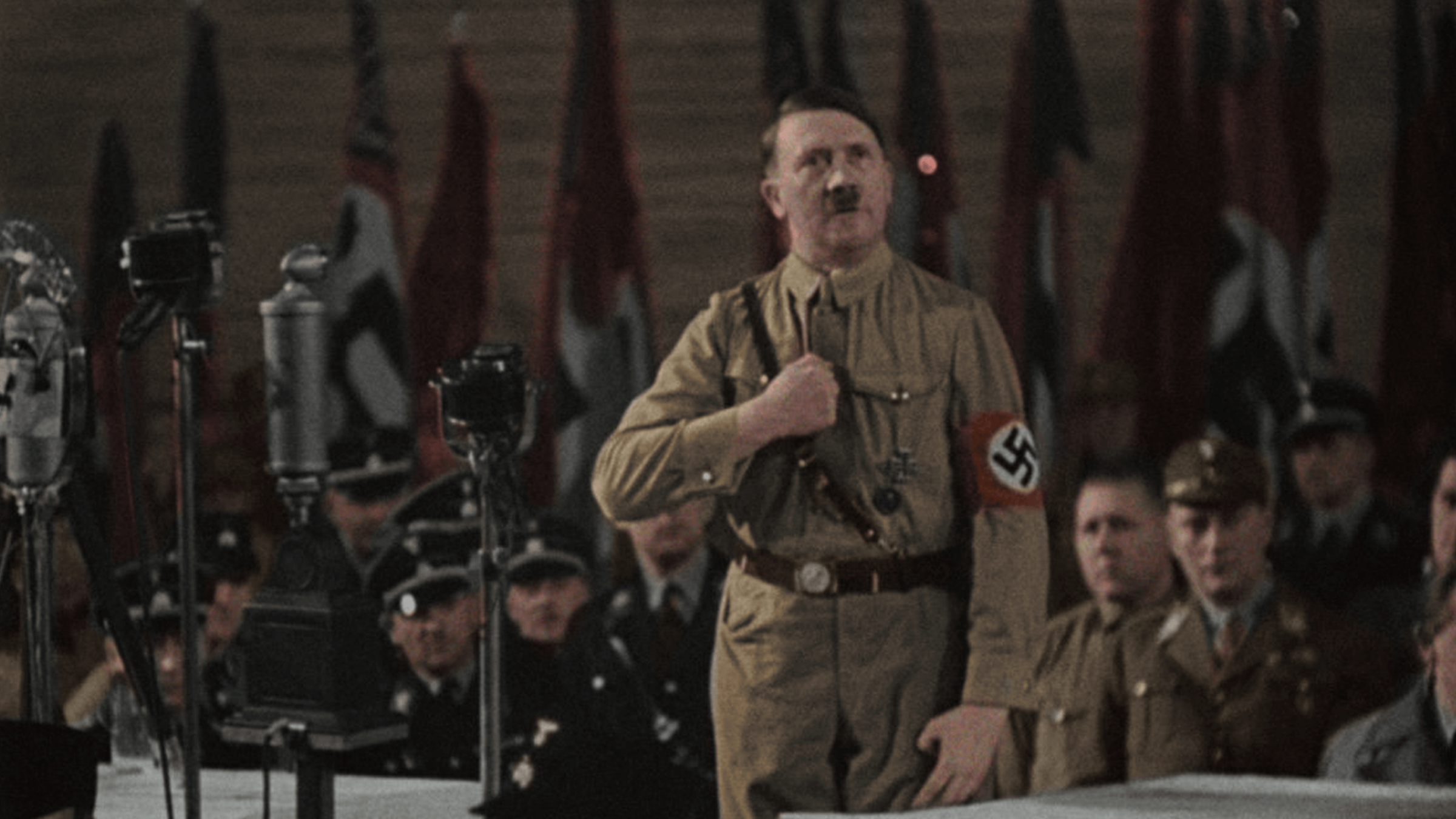 <i>Hitler and the Nazis</i> makes use of colorized archival footage — some from Leni Riefenstahl — as well as reenactments.
